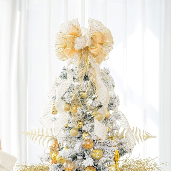 Christmas Tree Topper Bow Ornament with Glitter Satin Mesh Streamer - Picture 3 of 10